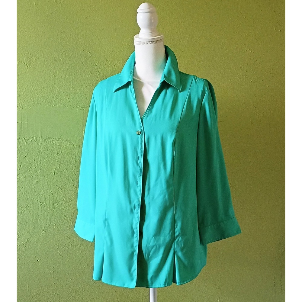 Literary Chic Teal Button Front Blouse 3/4 Sleeve V-Neck Office Top Size Large